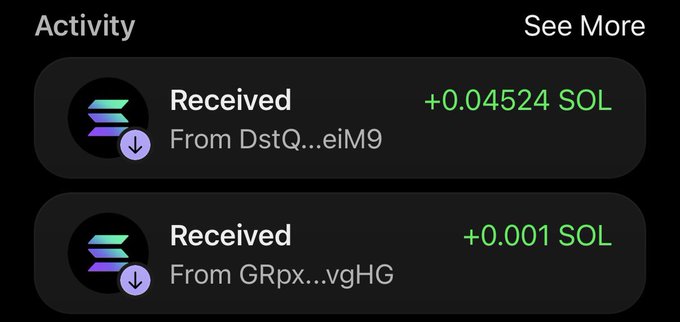 A mobile wallet activity screen showing two incoming transactions: +0.04524 SOL from DstQ...eiM9 and +0.001 SOL from GRpx...vgHG.