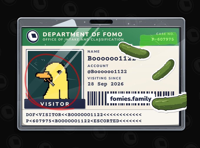 A 'Department of FOMO' visitor ID badge displaying the name 'Boooooo1122' with a pixelated yellow duck avatar, decorated with pickle stickers and the website 'fomies.family'.