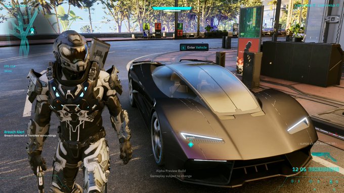 A video game screenshot showing an armored character standing next to a black sports car, with HUD elements including 'BREACH Alert', 'Enter Vehicle', 'Alpha Preview Build', and the time '12:05'.