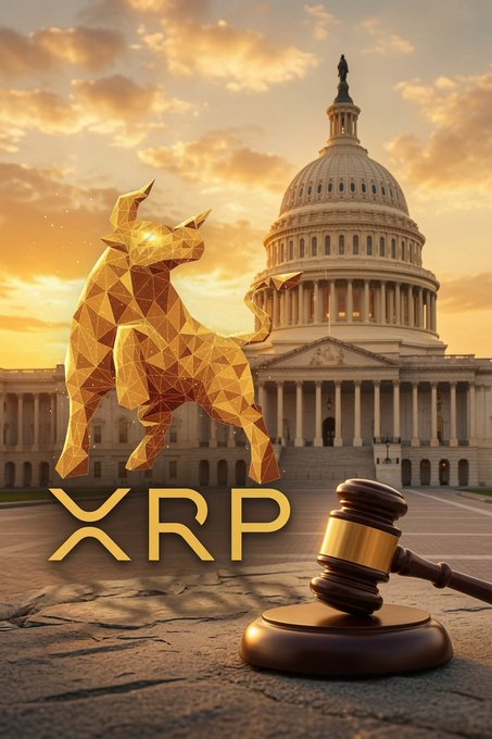 A promotional graphic features a golden geometric bull with 'XRP' text below it, set against the U.S. Capitol building with a wooden gavel in the foreground.