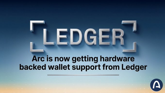 Promotional graphic with metallic 'LEDGER' logo stating 'Arc is now getting hardware backed wallet support from Ledger' on a blue gradient background with a logo in the corner.