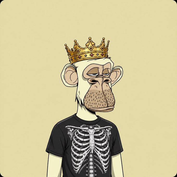 A cartoon monkey character wearing a gold crown and a black t-shirt featuring a white ribcage skeleton graphic.
