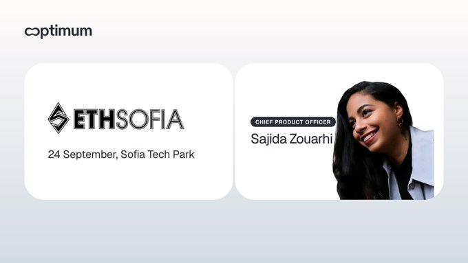 A clean promotional slide from 'optimum' announcing 'ETHSOFIA' event on 24 September at Sofia Tech Park, featuring a photo of Chief Product Officer Sajida Zouarhi.