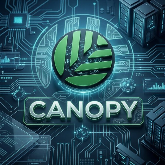 A futuristic tech-themed logo featuring a green circular emblem with circuit-like patterns, displayed above the bold text 'CANOPY' against a digital blue background with server racks and circuitry elements.