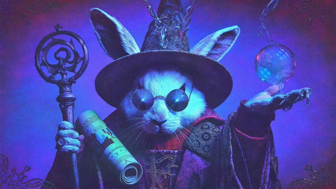A fantasy artwork of a cat dressed as a wizard with a pointed hat and round dark glasses, holding a staff in one hand and a glowing blue orb in the other against a purple background.