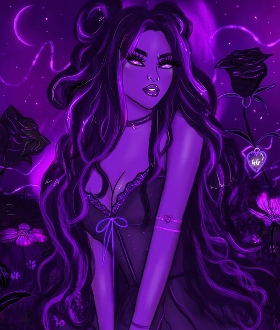 A purple-toned digital illustration of a sensual anime-style woman with long flowing hair, surrounded by roses and a starry night sky, with a small "GG" heart-shaped tag on a rose. The artwork aligns with the post's theme of the @GalaxygirlzNFT collection being sold and welcomed into new homes, with the "GG" tag likely representing the project's branding.