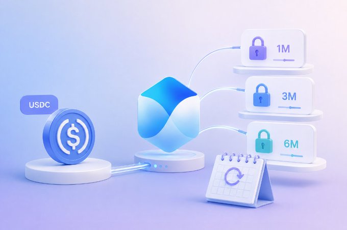 The image features a 3D rendering of a cryptocurrency wallet, with a blue hexagon-shaped token prominently displayed at its center. The wallet is connected to a series of padlocks arranged in a pyramid shape, each padlock representing a different maturity level for fixed income pools. The padlocks are colored white and purple, adding visual interest to the scene. The background of the image is a light blue color, providing a contrast that makes the colors of the tokens stand out even more. In the bottom right corner of the image, there's a caption that reads "Focus on what is in the image and how it relates to the post @TermMaxFi lately".