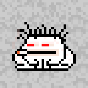 A pixel art illustration of a blocky, white-faced character wearing a black spiked crown and sporting red eyes.