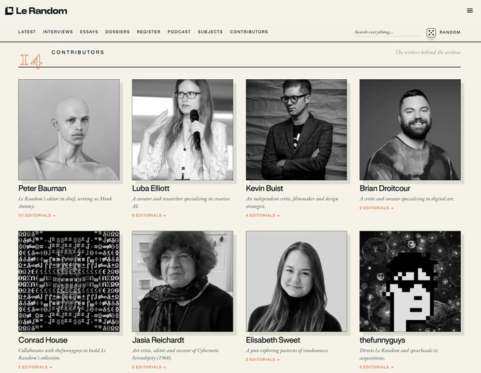 A webpage screenshot of 'Le Random' contributors section, displaying portraits and names like Peter Bauman, Luba Elliott, Kevin Buist, and Brian Droitcour.