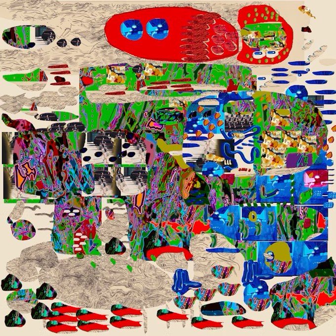 A vibrant, abstract digital artwork featuring chaotic splashes of green, blue, red, and purple, with a prominent red face-like shape at the top center containing two blue circular eyes.