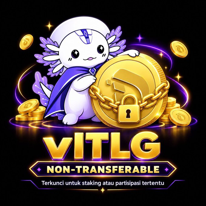 A digital illustration of a cute white axolotl-like mascot holding a large gold VITLG coin secured with a chain and padlock, labeled 'NON-TRANSFERABLE' with Indonesian text below.