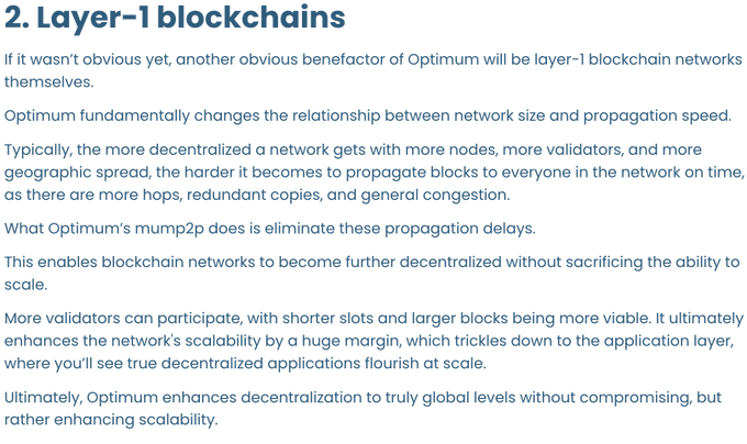 The image shows a section of an article titled "2. Layer-1 blockchains" explaining how Optimimum's mump2p technology eliminates block propagation delays, allowing blockchain networks to increase decentralization without sacrificing scalability. This aligns with the post's message about achieving both decentralization and scale simultaneously, as the article explicitly states "Optimimum fundamentally changes the relationship between network size and propagation speed" and "enhances decentralization to truly global levels without compromising, but rather enhancing scalability."