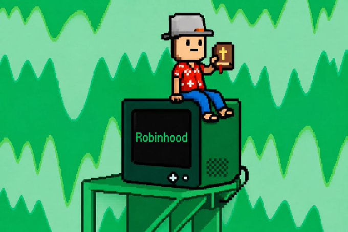 A cartoon illustration of a pixelated character sitting on a green monitor labeled 'Robinhood' while holding a book with a cross on it, set against a green zigzag background.