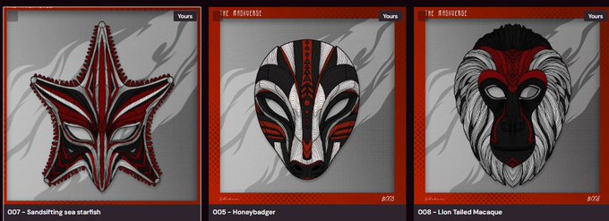Three collectible masks from 'THE REVENGE' series are displayed: #007 'Sandsting sea starfish' (red starfish mask), #005 'Honeybadger' (zebra-striped mask), and #008 'Lion Tailed Macaque' (lion mask).