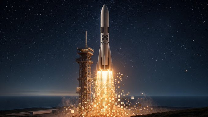 A rocket emblazoned with the "quip" logo launches into a starry night sky, its fiery engine erupting beneath. The imagery of liftoff and ascent visually mirrors the post's enthusiasm about an updated dashboard revealing Season 1 Quip Points, symbolizing the user's progress "taking off" through completed Quantum Tasks, Deposit and Earn, and the Mindshare Leaderboard.