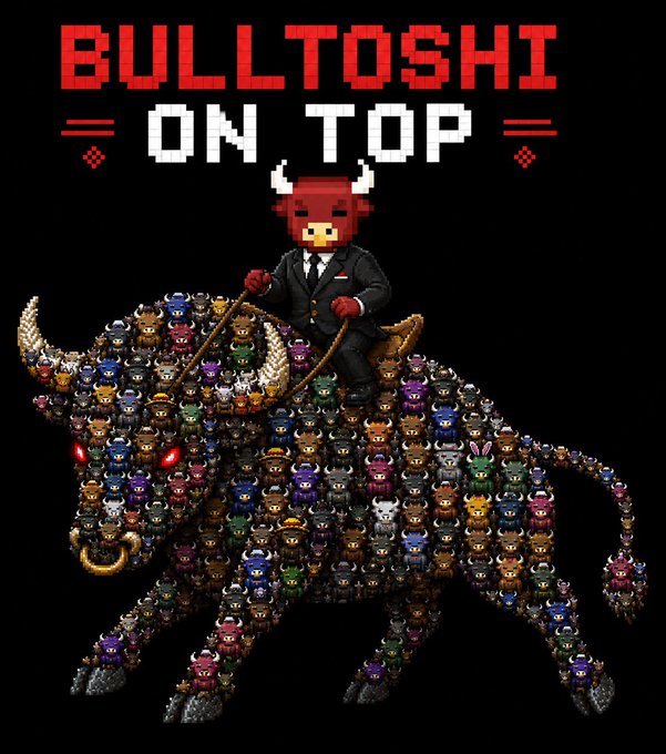 Pixel art graphic reading 'BULLTOSHI ON TOP' showing a red bull mascot in a suit riding a larger bull composed of many small animal tokens.