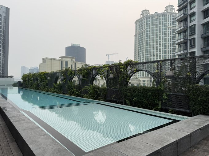 An empty rooftop infinity pool lined with small tiles, surrounded by a black metal arch fence with climbing plants, overlooking a hazy city skyline of tall skyscrapers.