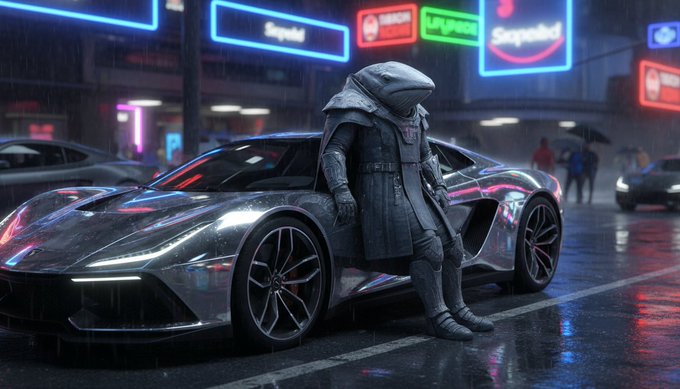 An alien figure in a long coat leans against a sleek silver sports car on a rain-slicked, neon-lit street featuring signs reading "Siquid" and "EUGOR," capturing the futuristic, bold vibe of the post celebrating HardhatChad as a trailblazing innovator paving the way for the launch of @SatRushIO.