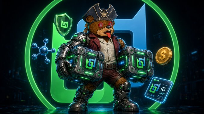 A digital art image featuring a pirate teddy bear character wearing cyberpunk armor and holding two glowing green crates, set against a green circular logo with a shield, molecule, coin, and ID card icons.