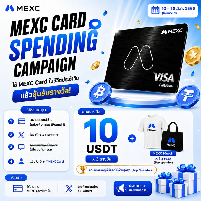 A promotional advertisement for a MEXC Card Spending Campaign offering 10 USDT rewards and merchandise like a MEXC T-shirt and tote bag.