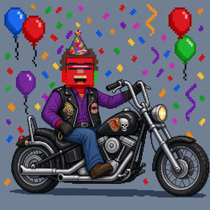 A pixel art image of a red-headed character wearing a colorful party hat and biker vest, riding a black motorcycle with a skull design, surrounded by balloons and confetti.