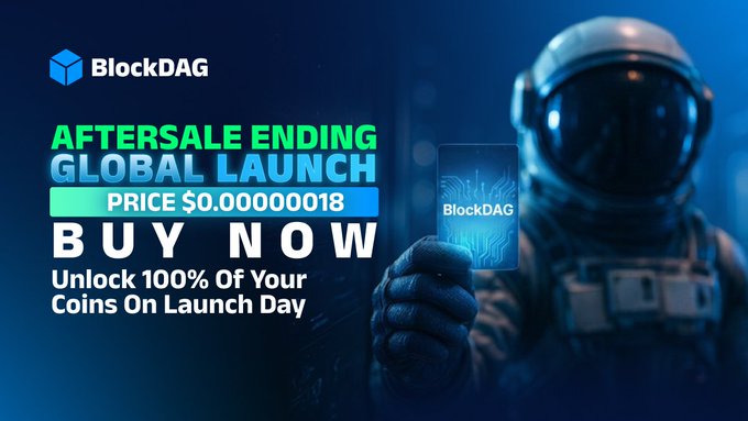An astronaut holds a smartphone displaying the BlockDAG logo against a dark blue background, with bold text announcing "AFTERSALE ENDING GLOBAL LAUNCH" and a "BUY NOW" price of $0.00000018, matching the promotional message about BlockDAG's upcoming September 1 global launch.