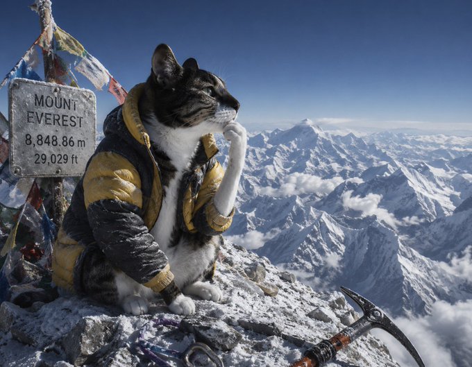 A cat wearing a yellow mountaineering jacket sitting on a snowy mountain peak next to a sign reading 'MOUNT EVEREST 8,848.86 m 29,029 ft', with a climbing ice axe nearby.