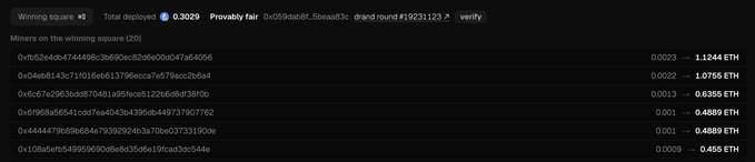 A screenshot of a blockchain explorer showing a winning square for a crypto lottery, displaying 20 miners, their ETH addresses, and payouts ranging from 0.455 to 1.1244 ETH.