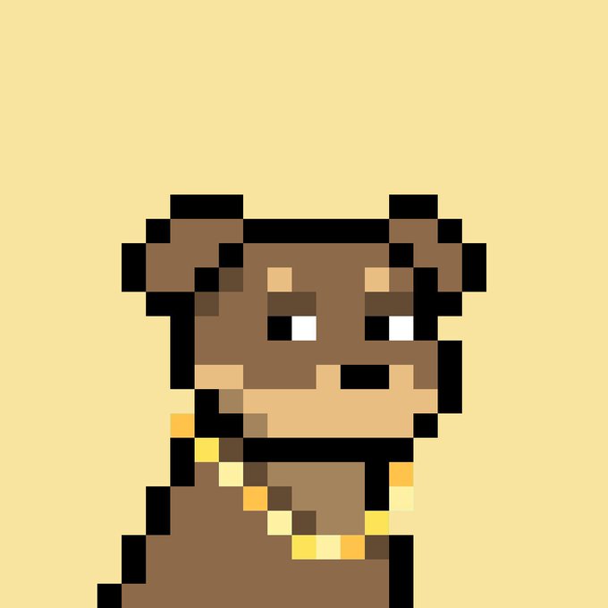 Pixel art illustration of a character with a brown bear-like face, featuring pixelated eyes, set against a beige background.