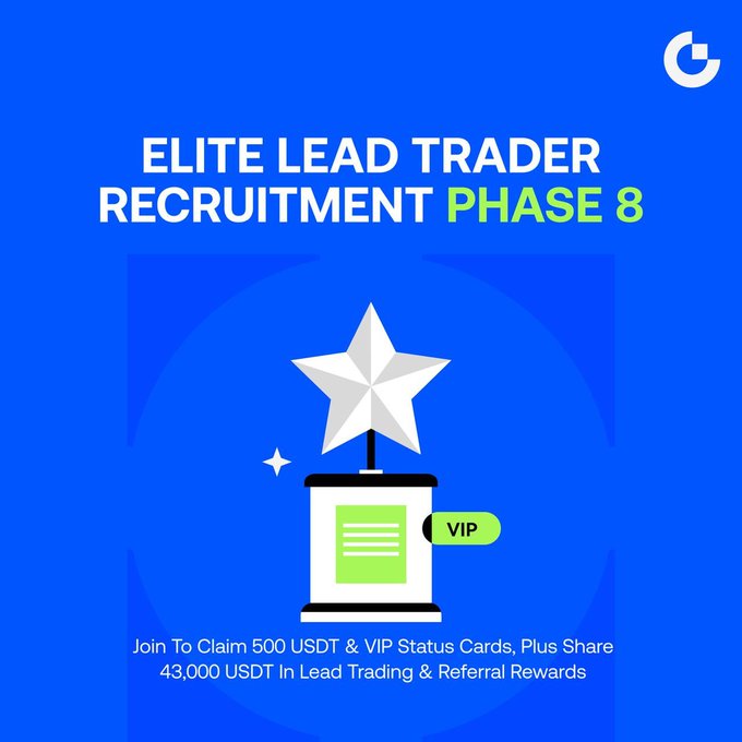 The image is a promotional graphic for "Elite Lead Trader Recruitment Phase 8" by Gate (likely Gate.io), featuring a blue background with a star-topped trophy illustration and text offering 500 USDT, VIP status cards, and a share of 43,000 USDT in lead trading and referral rewards—aligning with the post's invitation to join Gate's lead trading program for bonuses and profit sharing.