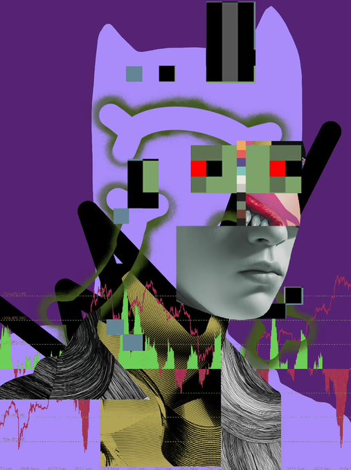A digital collage-style PFP features a classical sculpted face partially obscured by glitchy pixel art, a purple cat logo, and overlaid stock chart candlesticks and waveforms in vibrant green, red, and yellow, reflecting the post's celebration of the clean trait and color combinations in the @R3ORDR NFT collection.