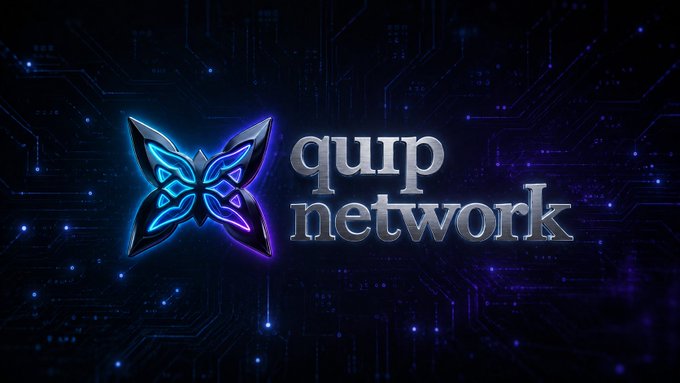 The image displays the "quip network" logo, featuring a stylized butterfly emblem with glowing blue and purple neon accents set against a dark circuit board background, reinforcing the post's discussion of the Quip Network marketplace's blend of quantum computing and cryptographic verification technology.