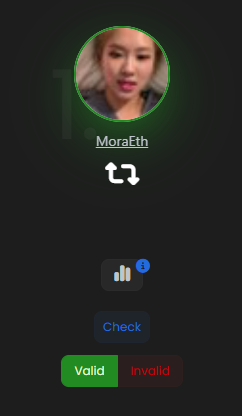 A mobile app verification screen displays a profile picture for 'MoraEth' with options to 'Check', 'Valid', or 'Invalid' below a swap icon.