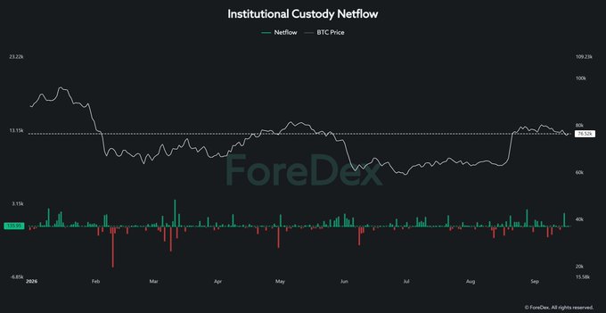 **Caption:** This image is a financial chart titled "Institutional Custody Netflow" by ForeDex, displaying Bitcoin's price action alongside custody netflow data from January to September 2025. The top section tracks BTC price, ranging between approximately $15k and $109.25k, with the current level marked near $78k (highlighted in white), showing a sharp rally from June lows. The bottom section visualizes custody netflow as green (positive/inflows) and red (negative/outflows) bars on a scale from -8.85k to +8.11k, with recent bars trending green to reflect renewed institutional buying. The chart supports the post's claim that institutional custody flows have turned positive again, signaling that major players are accumulating rather than exiting Bitcoin despite the price hovering around $78K.