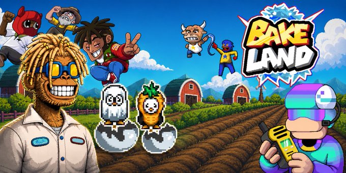 Promotional artwork for 'Bake Land' featuring cartoon characters in a farm setting with a giant-faced farmer and radish/pineapple pixel characters.