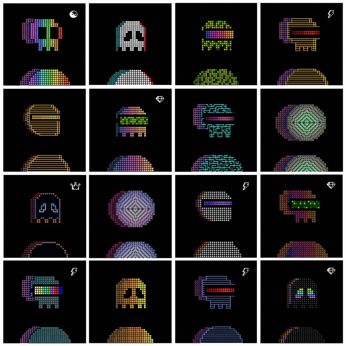 The image features an array of 16 different images, each depicting various types of computer mice or other objects related to technology. The mouse designs are diverse, ranging from simple shapes like circles and squares to more complex forms such as skulls and other unique illustrations. These images are arranged in a grid format with four rows and four columns, showcasing the variety of designs available for collectors or enthusiasts interested in technology and gadgets.