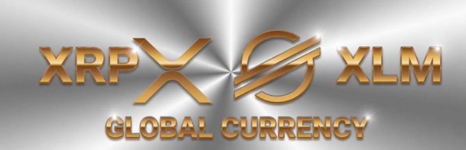A gold-metallic logo graphic on a silver background displaying the text 'XRP' and 'XLM' flanking a central 'GS' symbol, with 'GLOBAL CURRENCY' written below.