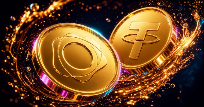 Two golden crypto coins—one stamped with a stylized symbol, the other with 'T' (Tether/USDT)—surrounded by swirling golden particles.
