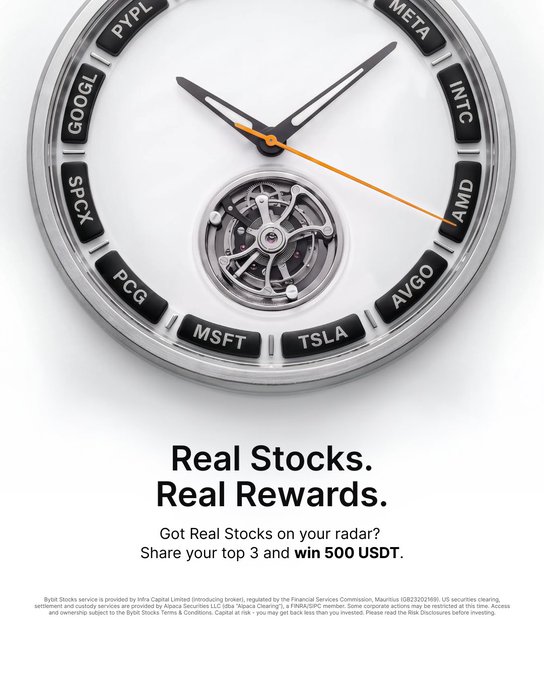 A sleek watch face styled with stock tickers (PYPL, META, INTC, AMD, AVGO, TSLA, MSFT, PCG, SPCX, GOOGL) instead of hour markers displays the Bybit promotional message "Real Stocks. Real Rewards." inviting users to share their top 3 stock picks for a chance to win 500 USDT, directly tying the timepiece imagery to the watchlist giveaway.