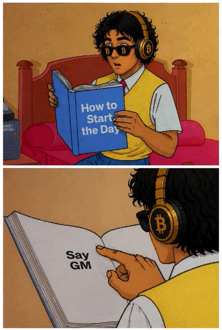 The image shows a two-panel comic of a person wearing Bitcoin-themed sunglasses and headphones reading a book titled "How to Start the Day," which reveals the simple advice "Say GM" on the next page. It humorously illustrates the crypto community's ritual of greeting each other with "GM" (Good Morning), playing on Bitcoin (₿) branding while reinforcing the post's call for fellow enthusiasts to respond with "GM."
