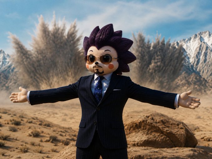 A 3D-rendered character with spiky purple hair, round sunglasses, and a goatee, wearing a dark pinstripe suit with a blue patterned tie, standing with arms outstretched in a desert landscape with snow-capped mountains in the background.