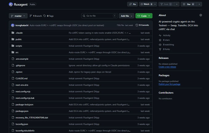 GitHub repository page for Fluxagent, an AI-powered crypto agent on Arc Testnet supporting Swap, Transfer, and DCA via chat, showing files like .env, scripts, src, and public.