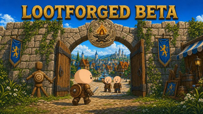 Promotional artwork for 'LOOTFORGED BETA' featuring chibi-style characters standing at a medieval castle gate leading to a fantasy town.