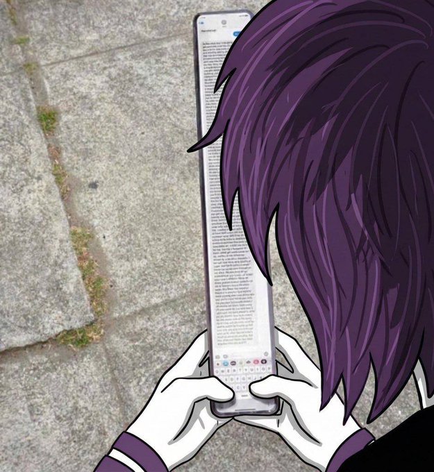 An anime-style illustration of a person with purple hair viewing and typing on a smartphone displaying a long text message, set against a concrete pavement background.