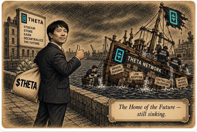A satirical illustration depicts a man carrying a bag of '$THETA' standing near a sinking ship labeled 'THETA NETWORK' with issues like 'BROKEN ROADMAP,' 'LOW ADOPTION,' and 'CENTRALIZED VALIDATORS,' captioned 'The Home of the Future — still sinking.'