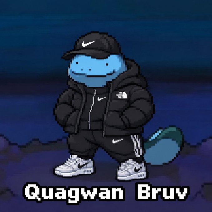A pixel art illustration of a blue slime character wearing a black Nike cap, a black Nike and The North Face puffer jacket, matching Nike sweatpants, and white Nike Air Max sneakers, labeled 'Quagwan Bruv'.