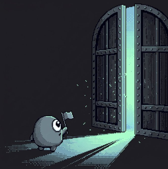 A pixel-art round gray character with an eyepatch and small flag peers through a crack in a massive, riveted door as bright light spills through, illustrating the caption's metaphor of an eager early supporter patiently waiting for the public launch of Arc (referencing the website circlewarp.fun).