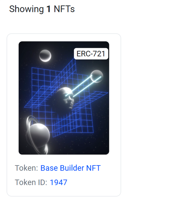 The image shows a screenshot of an ERC-721 card from a collector's account, which features three digital images of circles with planets displayed in a futuristic style, surrounded by blue lines representing celestial bodies or planets. The text on the card indicates that the account is associated with @base Builder NFT and has a token holding value of $BASE Builder NFT. The post also suggests that Base Builder NFT token holders might receive additional recognition or benefits in future airdrops/allocations from the collector's account.