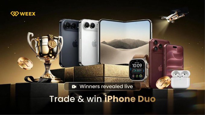 A gold-themed promotional banner from Weex displays iPhones, an Apple Watch, and AirPods alongside a trophy and coins, with text reading "Trade & win iPhone Duo" and "Winners revealed live," directly advertising the crypto trading competition and its prizes.