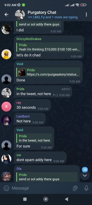 A Telegram group chat screenshot titled 'Purgatory Chat' shows multiple users including DrizzyNotDrakee, Void, Pride (admin), rey, Lastborn, cia, and Ola discussing various topics at 9:00 AM.